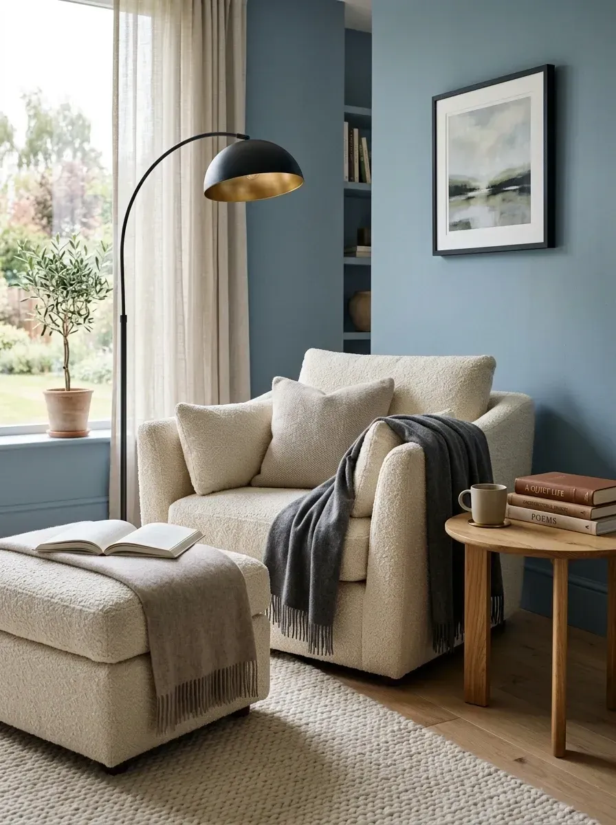 Quiet luxury reading nook with dusty steel-blue accent wall, cream boucle armchair and matching ottoman, arched matte black floor lamp, round natural oak side table, layered charcoal wool throw, and small ceramic side accents