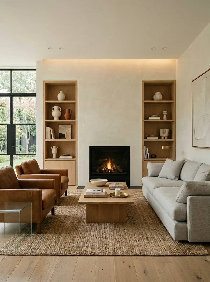 Quiet luxury living room with hand-applied warm Venetian plaster walls, twin custom natural oak built-in shelving units flanking a minimalist white plaster fireplace surround, two saddle-tan leather lounge chairs, light grey linen sofa, large jute area rug, and styled negative space on shelves