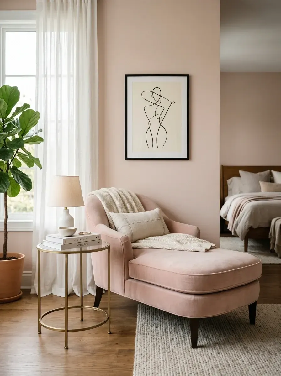 Quiet luxury bedroom corner with desaturated blush pink walls, blush velvet chaise lounge, brushed brass and clear glass round side table, brass-stem table lamp, large fiddle leaf fig in a textured ceramic pot, and minimalist black-and-white line art