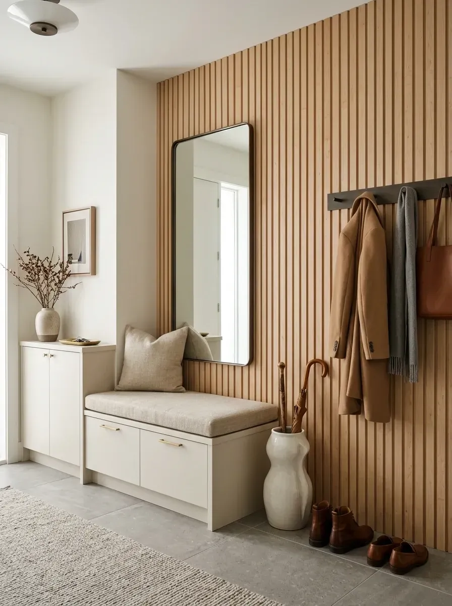 Modern quiet luxury mudroom with floor-to-ceiling natural light wood slat feature wall, custom creamy-beige built-in storage bench with cushion and closed lower drawers, tall slim full-length framed mirror, large-format concrete-look porcelain tile flooring, and matte bronze coat hooks