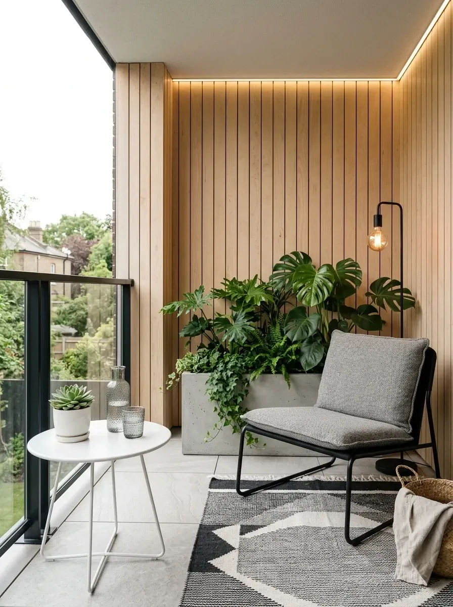 Modern minimalist tiny balcony with vertical wood slat wall and ceiling treatment, integrated LED strip lighting, large architectural concrete planter with Monstera and ferns, sleek modern grey lounge chair, graphic patterned outdoor rug