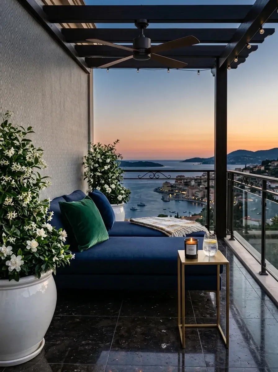 Luxurious hotel-suite-style apartment balcony with substantial dark walnut wood pergola with integrated outdoor ceiling fan, large deep-seated upholstered chaise lounge in deep navy blue, oversized white glazed planters with fragrant flowering gardenias, sleek gold and glass side table, dark polished stone tile flooring