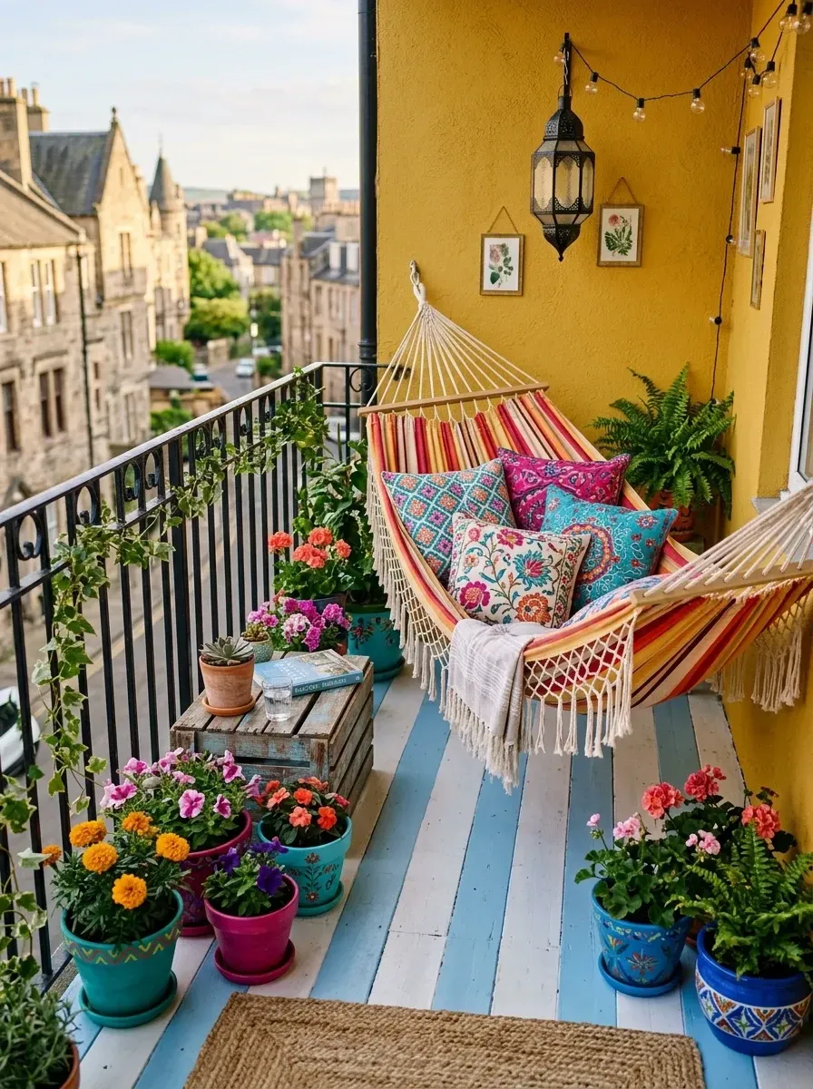 Vibrant joyful bohemian balcony with sunny marigold yellow painted walls, blue and white striped painted wooden floor, large colorful striped fabric hammock with multicolor pillows, abundance of potted flowers in brightly painted pots, hanging Moroccan-style lanterns and string lights