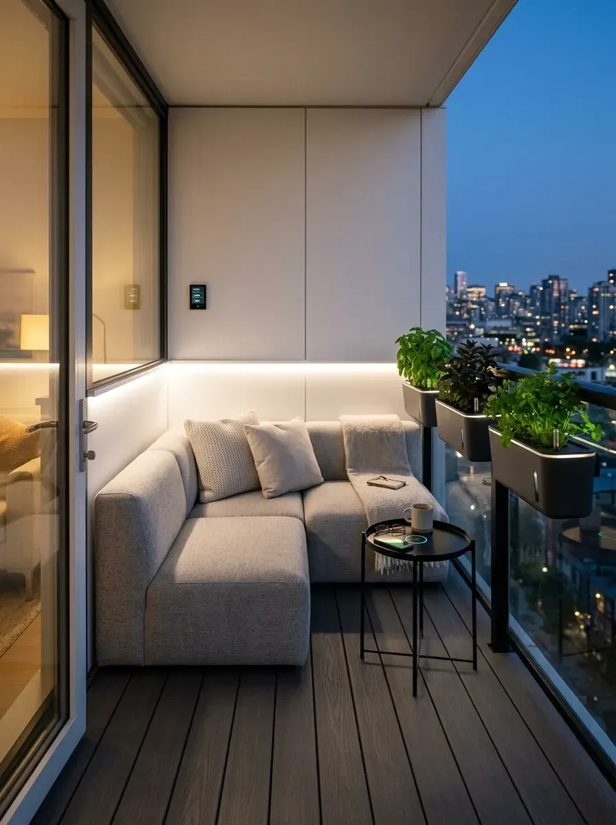 Sleek modern apartment balcony designed as a continuous extension of indoor living with modern light heather grey sectional sofa fitting corner, custom planter boxes integrated directly into black metal railing with built-in LED strip lighting growing herbs, sleek composite decking, minimalist black metal side table