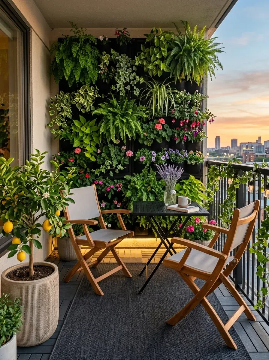 Tiny balcony transformed by floor-to-ceiling living wall system filled with ferns vines and flowering plants, foldable wooden bistro table and chairs, large potted dwarf citrus tree, outdoor string lights woven into railing, dark grey outdoor rug
