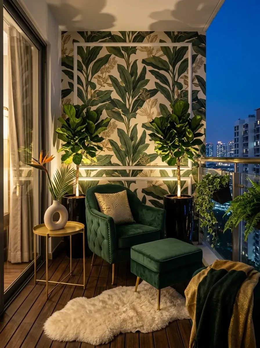 Glamorous covered balcony with framed large-scale tropical leaf wallpaper, plush emerald green velvet armchair and matching ottoman, polished gold accent furniture and planters, large faux fiddle leaf fig plants, faux sheepskin rug layered over dark walnut decking