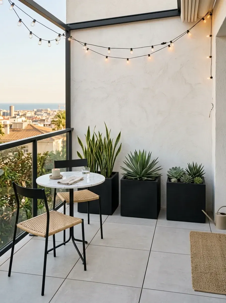 Modern desert minimalist balcony with striking black metal pergola frame, geometric matte black planters with sculptural drought-tolerant snake plants and agave succulents, white Carrara marble-top bistro table with woven rattan-seat dining chairs, jute runner rug, simple string lights