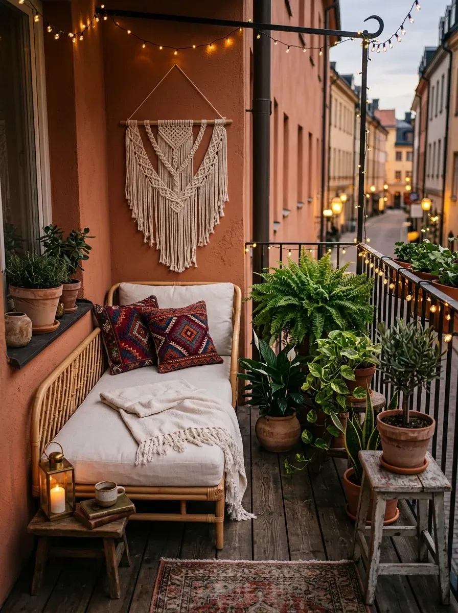 Cozy bohemian balcony with warm terracotta painted walls, natural rattan daybed piled with layered kilim pillows and chunky knit throws, large macrame wall hanging, lush hanging ferns and potted herbs and small olive tree, vintage-style patterned rug, lanterns and string lights