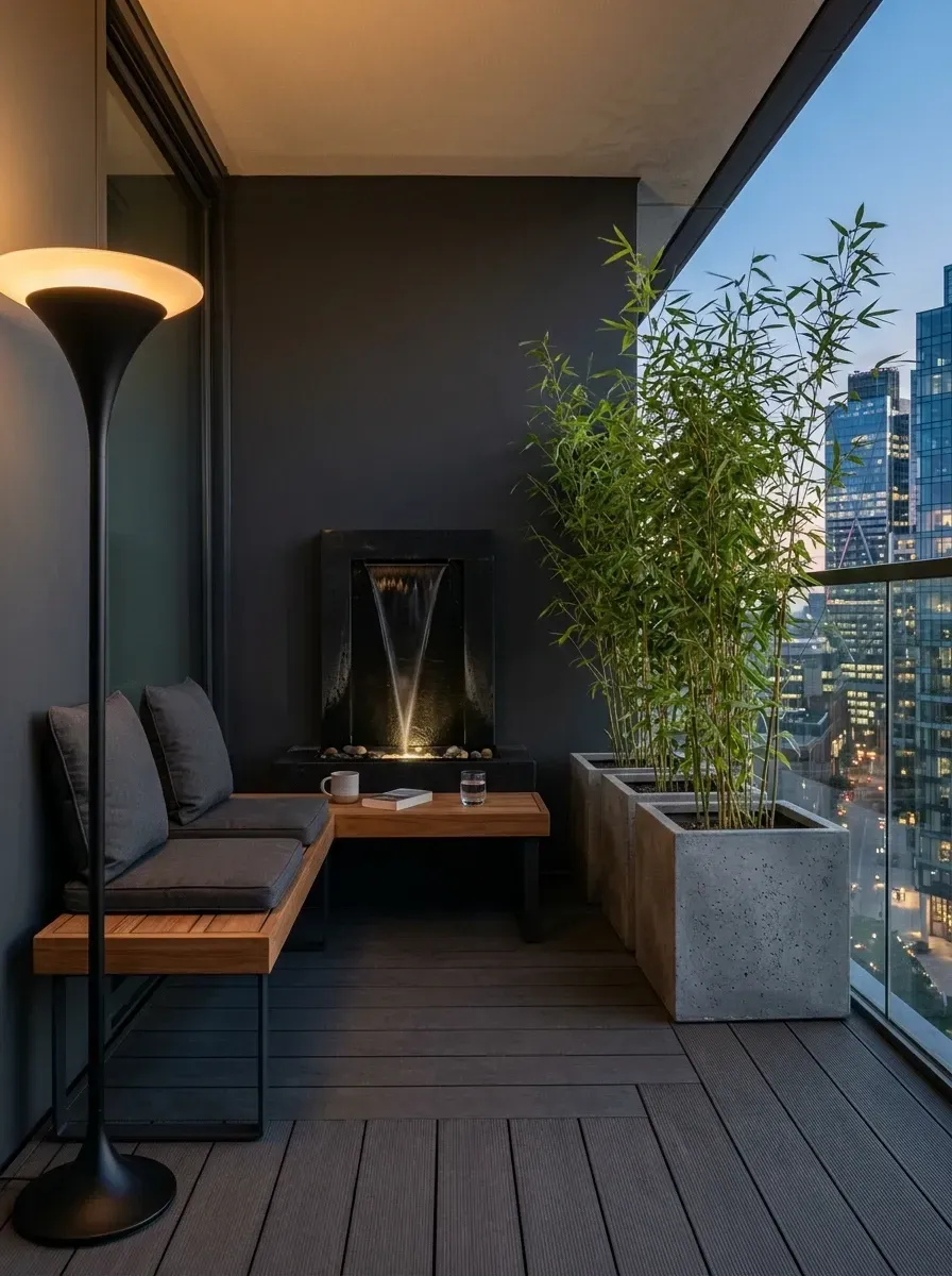 Serene zen balcony with dark charcoal painted walls and composite decking, sleek modern pedestal water feature with calming pump sound, tall bamboo plants in large minimalist concrete planters for privacy screening, sleek wood and metal bench with dark cushions, sculptural floor lamp