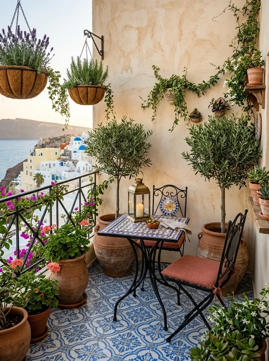 Classic Mediterranean balcony with cobalt blue and white patterned ceramic tile floor, aged textured warm cream stucco walls, black wrought iron bistro chairs and mosaic tile table, large terracotta pots with olive trees and trailing geraniums, hanging baskets with lavender herbs flowers