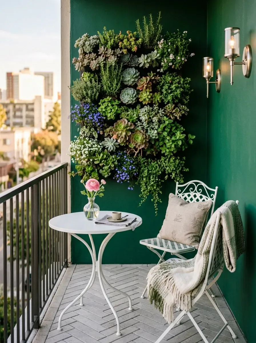 Artistic small balcony dominated by stunning dense succulent living wall as art piece against deep emerald green painted accent wall, delicate white wrought iron bistro table and chairs, elegant outdoor wall sconces flanking the wall, herringbone brick floor paving