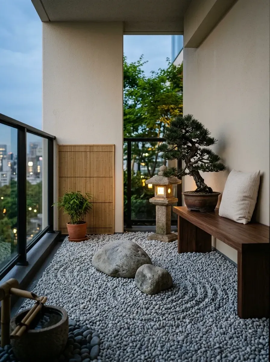 Contemplative tiny Japanese zen balcony with raked grey gravel flooring in circular patterns around large carefully placed landscape rocks, large specimen bonsai tree on simple wooden bench, traditional Japanese stone lantern, bamboo privacy screen at back
