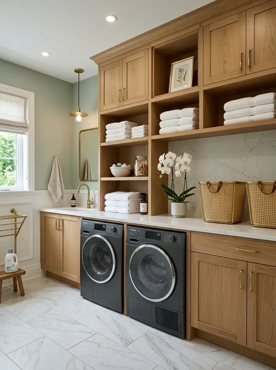 Luxe laundry room with soft sage green walls, floor-to-ceiling custom light white oak cabinetry mixing concealed storage and open display shelving, brass pendant light and faucet, marble-look porcelain tile floor, subtle wainscoting