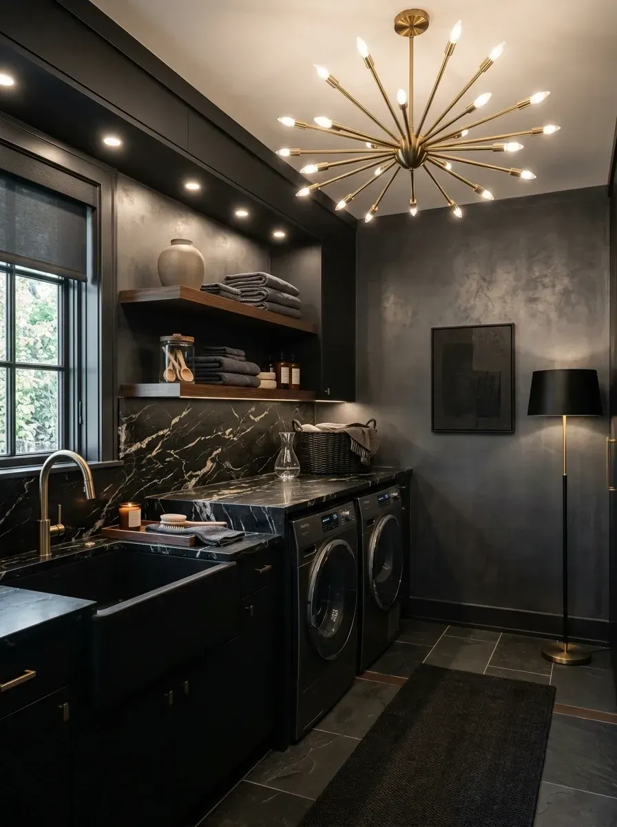 Dramatic moody luxe laundry with matte black walls and cabinetry, dramatic black marble countertop and full-height backsplash with rich gold veining, brass sputnik-style chandelier, dark walnut floating shelves, black farmhouse undermount sink with brass faucet