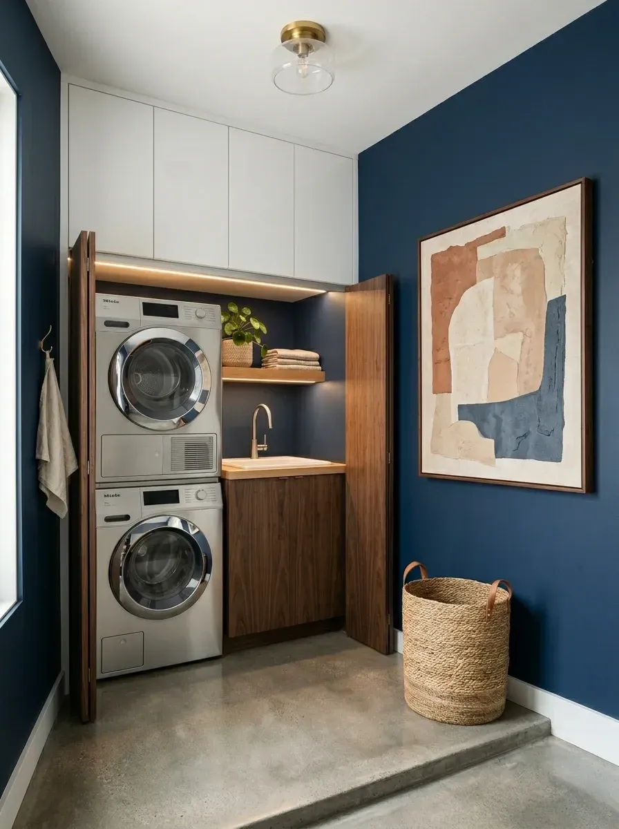 Small closet laundry with deep navy blue walls, custom rich walnut bi-fold doors hiding stacked washer-dryer, integrated under-cabinet LED strip lighting, polished concrete floor, large framed art outside the closet