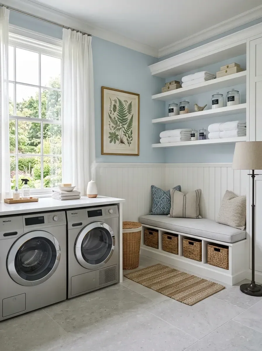 Cottage style luxe laundry with pale sky blue upper walls, white beadboard wainscoting, built-in bench with woven storage baskets underneath, long open white display shelving, large window with floor-length linen curtains, light grey limestone tile floor