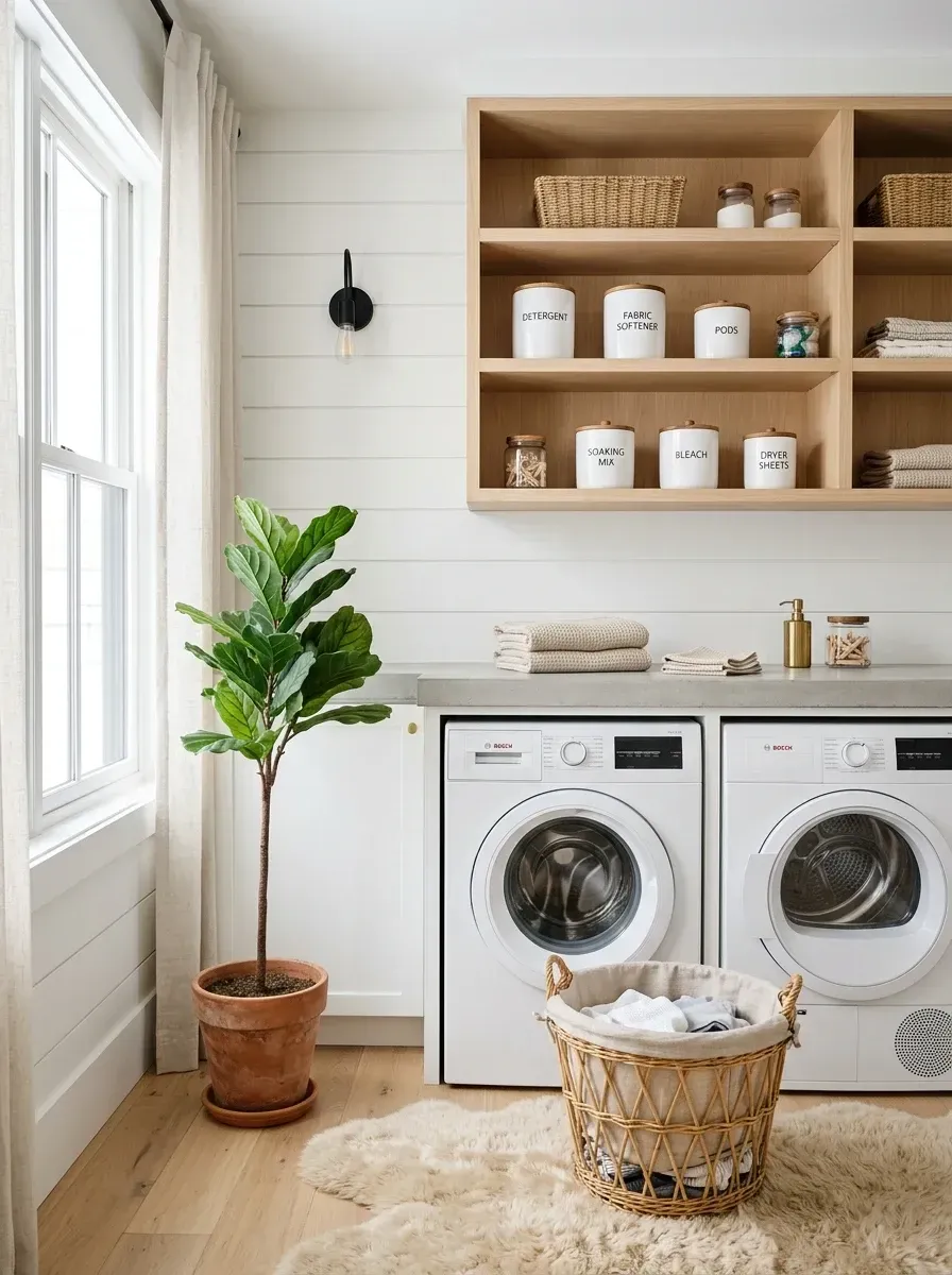 Scandinavian minimalist laundry room with bright white shiplap walls, light blonde oak open shelving, poured concrete countertop spanning over front-load washer and dryer, large fiddle leaf fig in terracotta pot, sheepskin accent rug on wood floor