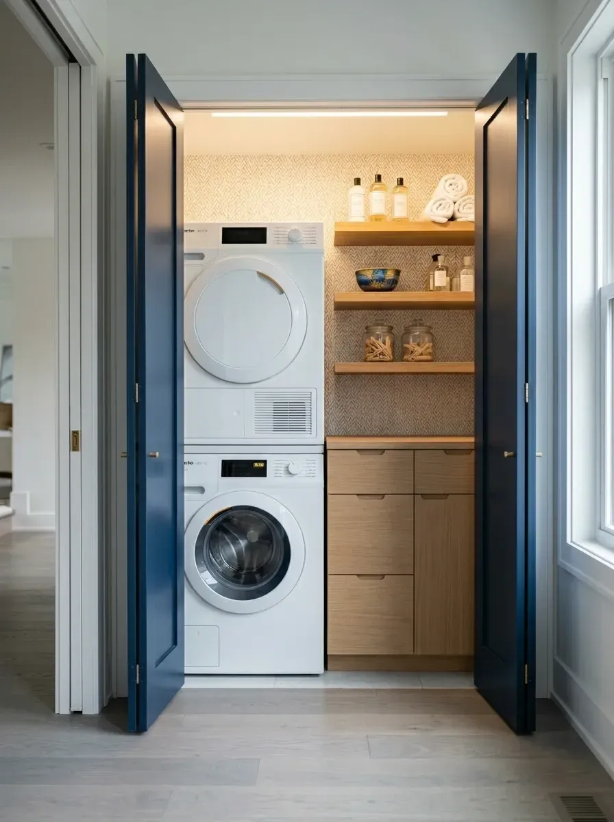 Small laundry closet with cream and tan geometric pattern wallpaper on back wall, bold classic navy blue painted bi-fold closet doors, stacked washer and dryer, custom medium oak floating shelves and narrow side base cabinet, integrated overhead LED lighting