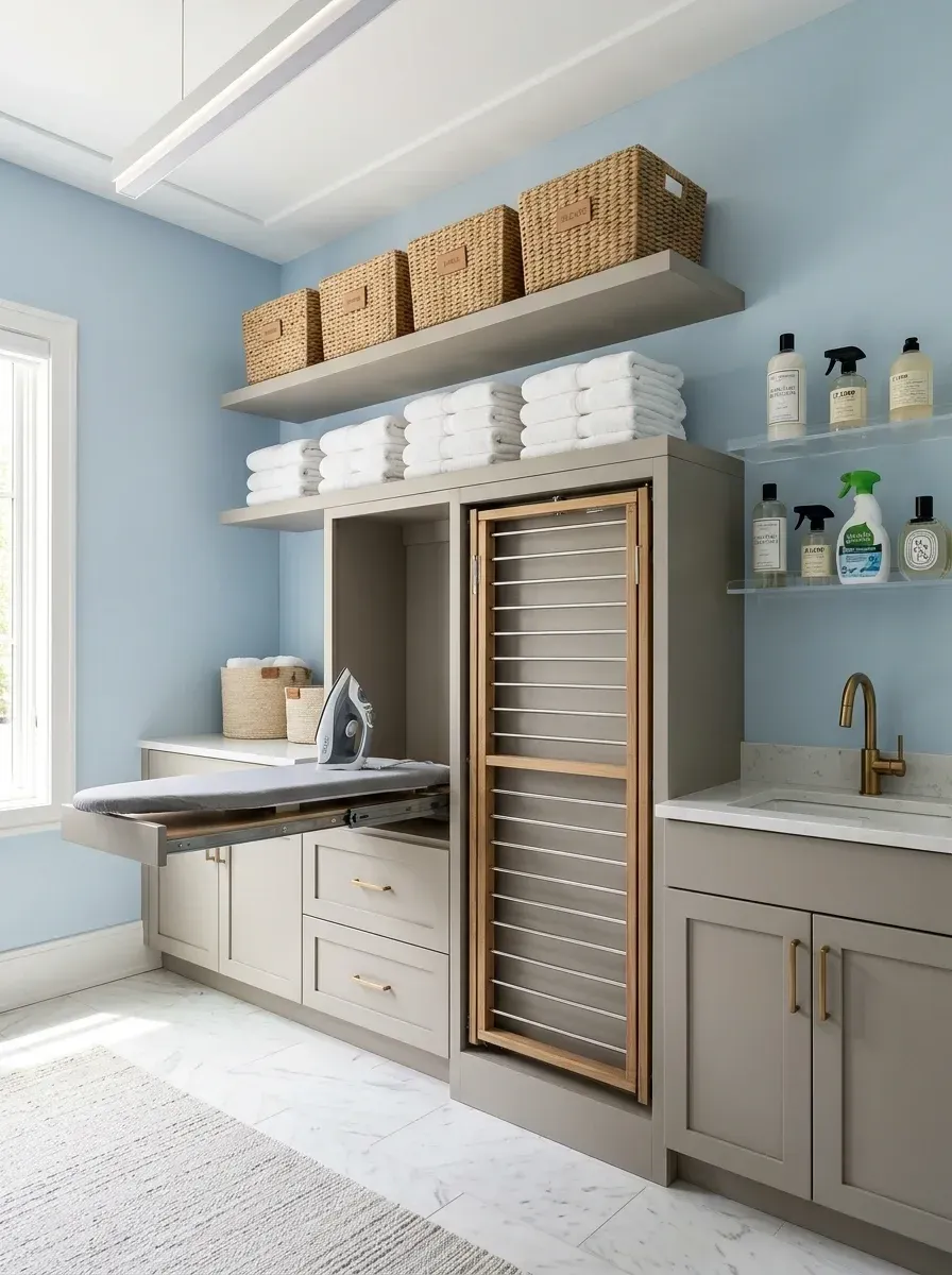 Highly functional luxe laundry room wall with custom greige shaker cabinets featuring built-in pull-out ironing board drawer and integrated drying rack cabinet, high storage shelf with woven baskets, undermount utility sink with brass faucet, soft powder blue walls
