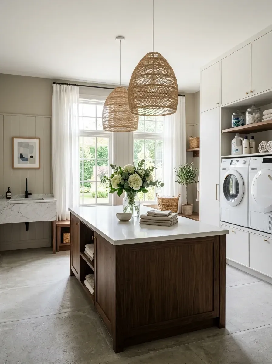 Spacious luxe laundry room with substantial center island featuring dark walnut base and quartz top, white perimeter cabinetry, marble washstand sink area, two oversized woven rattan pendant lights anchoring high ceiling, large format porcelain tile flooring