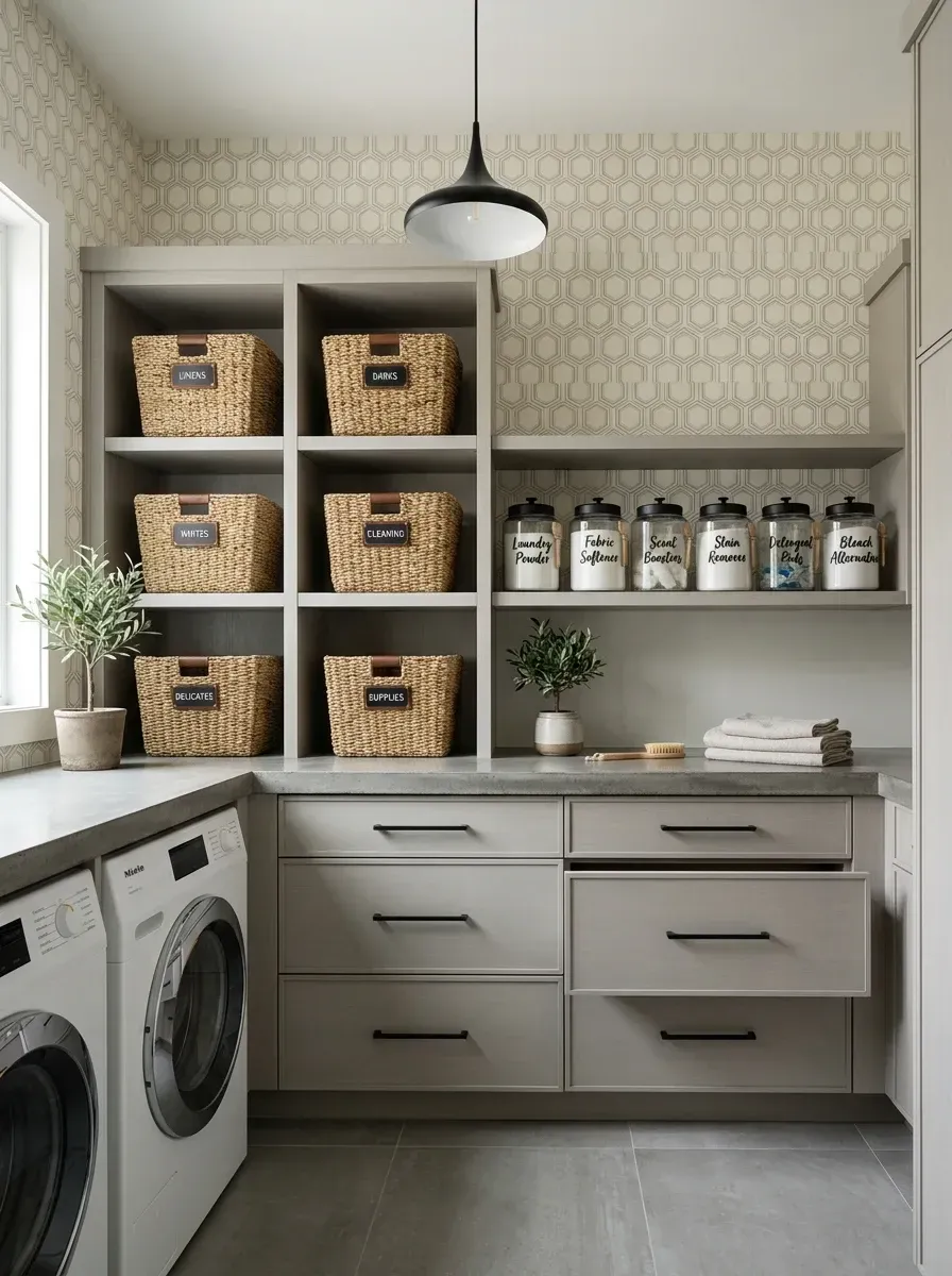 Transitional luxe laundry with classic medium grey shaker cabinetry, natural concrete countertop, geometric grey and cream wallpaper from countertop to ceiling, matte black hardware and pendant light, open upper shelving with woven baskets and decanted glass jars