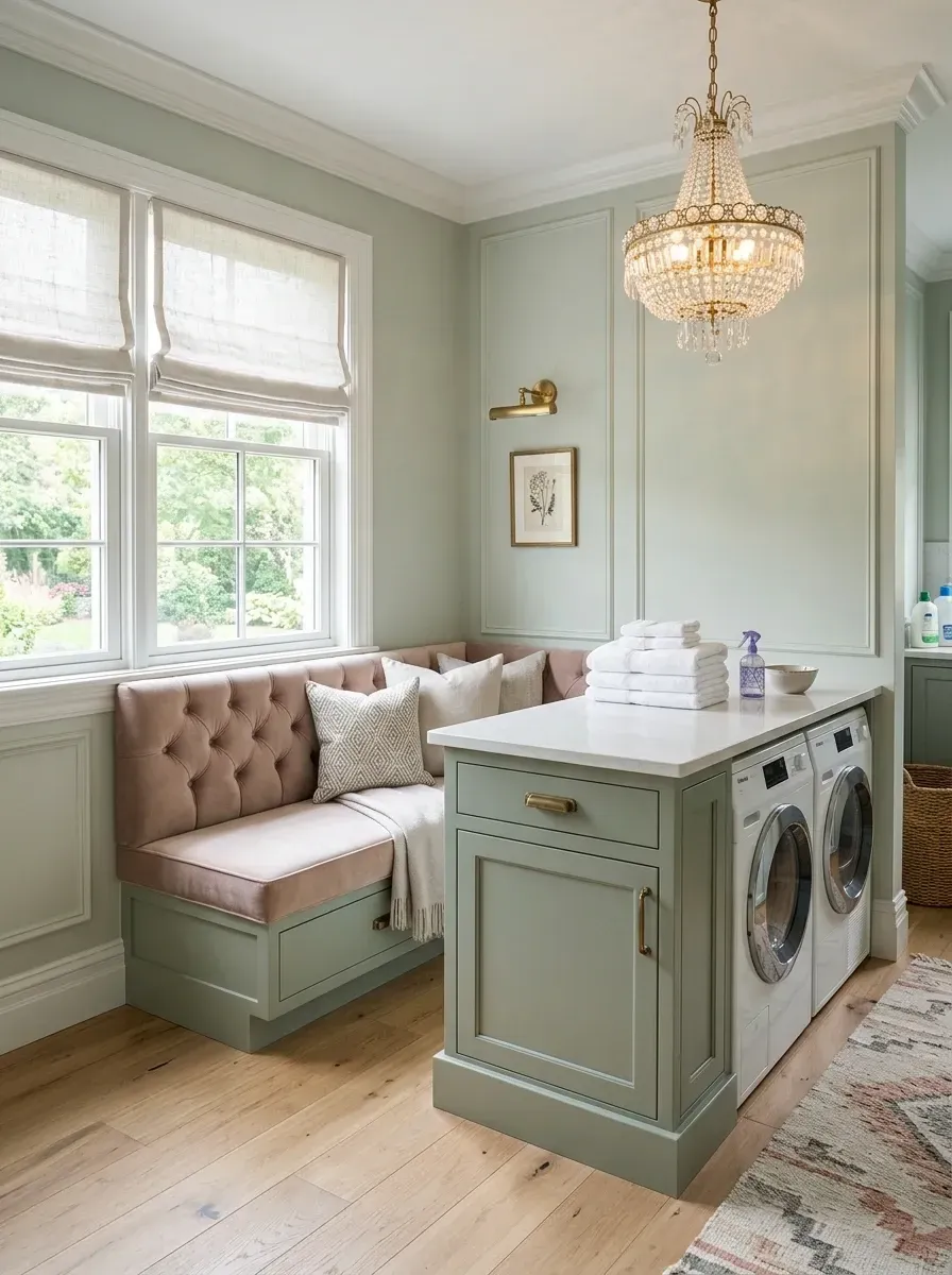 Glamorous luxe laundry with soft mint green custom cabinetry and wall paneling, plush dusty rose pink velvet tufted banquette seating, crystal and brass chandelier, small custom center island, warm oak wide-plank flooring