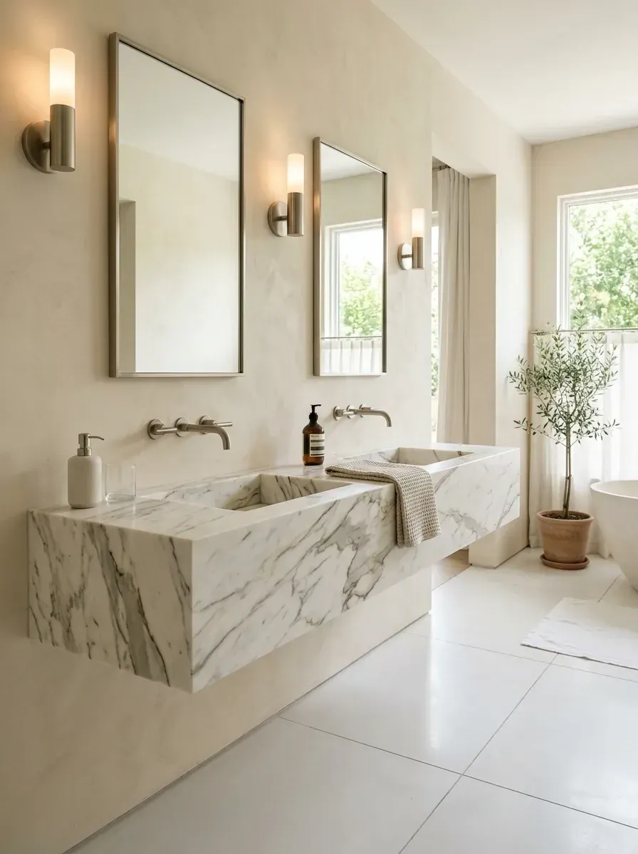 Quiet luxury primary bathroom with an integrated Calacatta marble double vanity, lime plaster walls in warm cream, and brushed nickel wall-mounted faucets