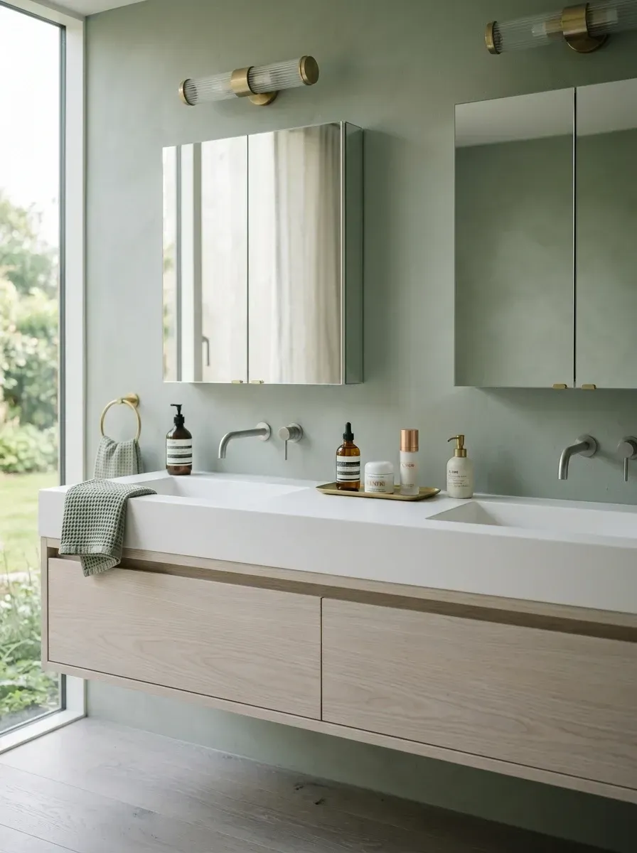 Calm bathroom with muted sage green lime plaster walls, a long floating white oak double vanity, three flush-recessed mirrored medicine cabinets, integrated sinks, and horizontal brass tube sconces