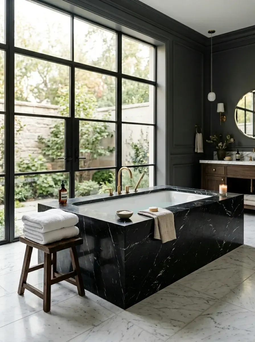 Moody Hudson Valley primary bath with a Nero Marquina marble-clad soaking tub, large steel-frame windows opening to a private garden, and dark charcoal painted wainscoting