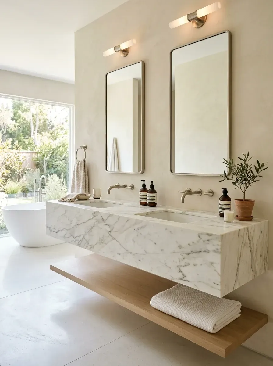 Minimalist bathroom with a thick Statuario marble floating vanity with integrated sinks, a white oak storage shelf below, pale concrete-look flooring, and a freestanding soaking tub