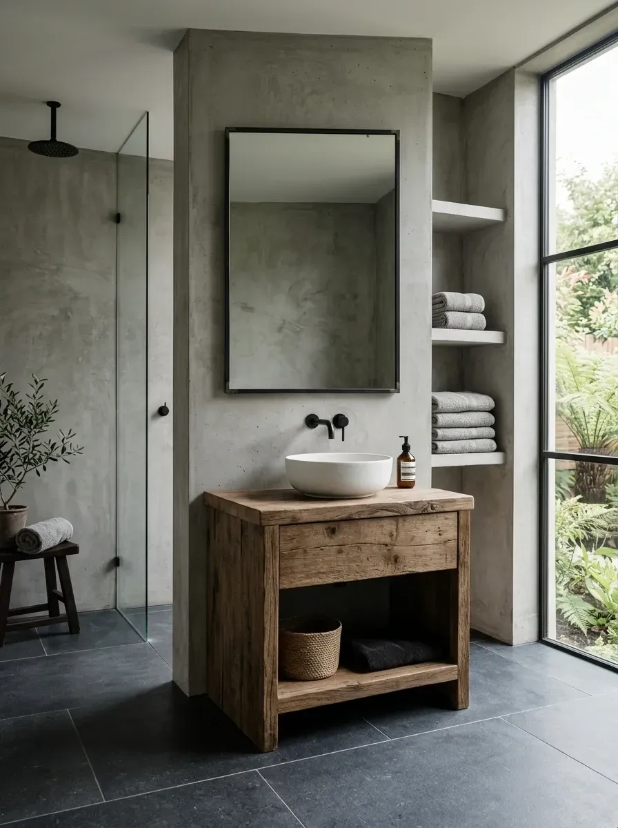 Wabi-sabi quiet luxury bathroom with troweled concrete walls, a heavily grained reclaimed timber vanity console, round ceramic vessel sink, and matte black wall-mounted fixtures