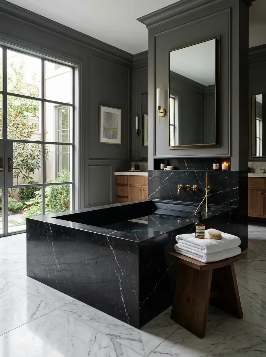 Recessed black marble bathing alcove with integrated soap niche, dark grey wall molding, brass tub filler and sconce, and a warm natural walnut vanity in the background