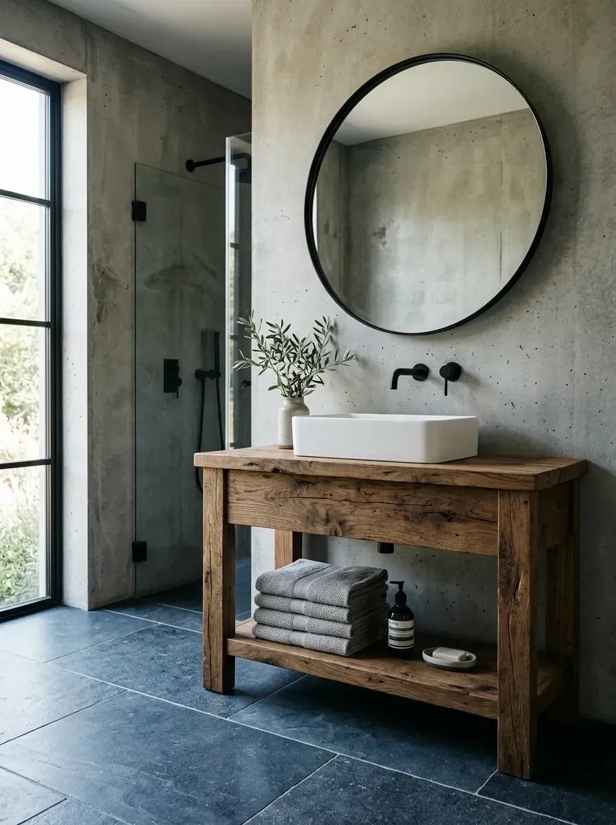 Rustic minimalist bathroom vignette with a distressed wood console vanity, rectangular ceramic vessel sink, troweled concrete wall, large round black-framed mirror, and steel-frame window