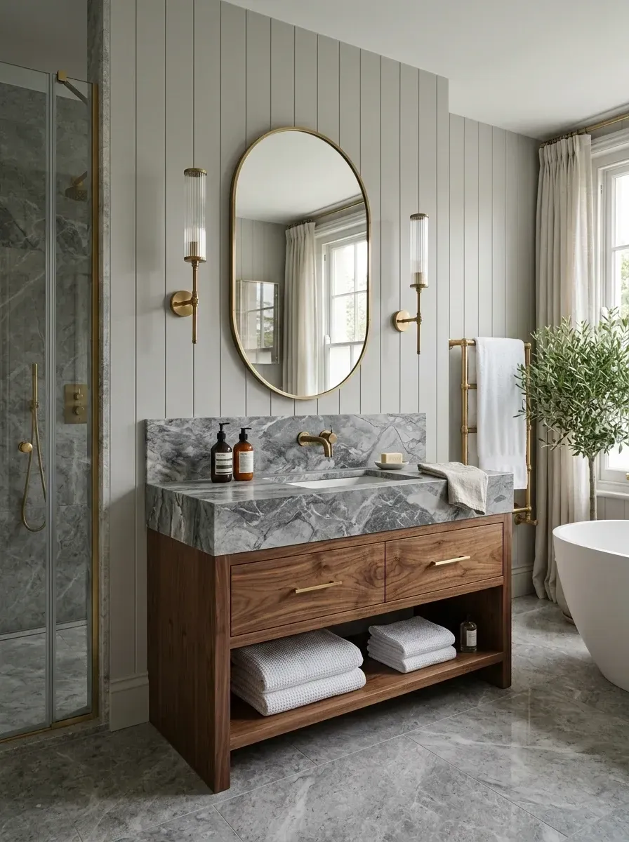 Transitional bathroom with vertical tongue-and-groove wall paneling in soft grey, a heavily veined Bardiglio grey marble countertop and splash, walnut vanity, slender brass sconces, and a brass towel warmer