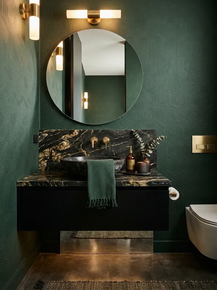 Moody powder room with deep forest green geometric textured wallpaper, a Portoro-style black and gold marble counter, dark carved stone vessel sink, floating black drawer, and aged brass fixtures