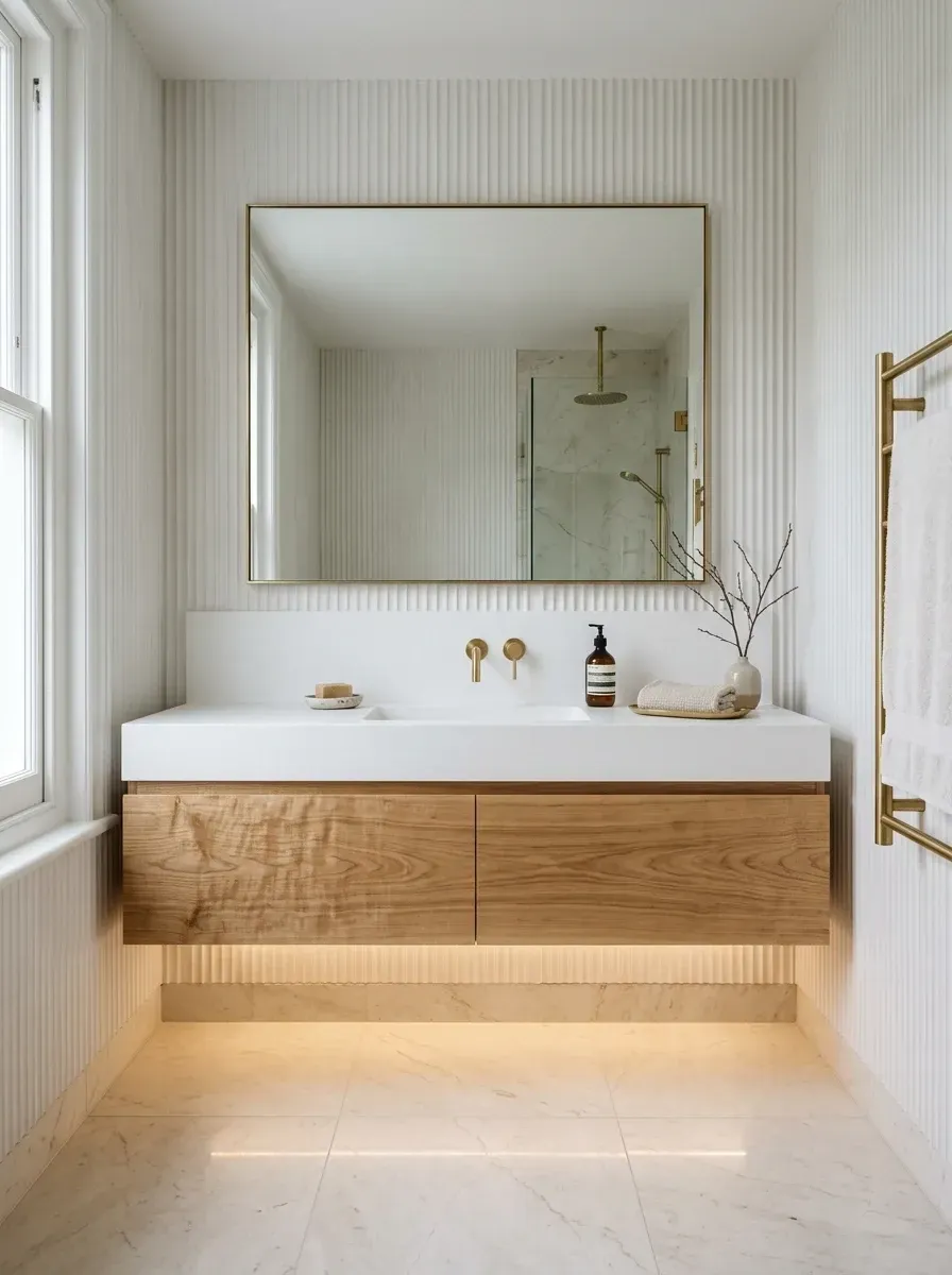 Bathroom with floor-to-ceiling white fluted wall paneling, a thick solid surface integrated sink counter, floating figured-grain wood vanity, warm under-cabinet LED accent lighting, and brass fixtures