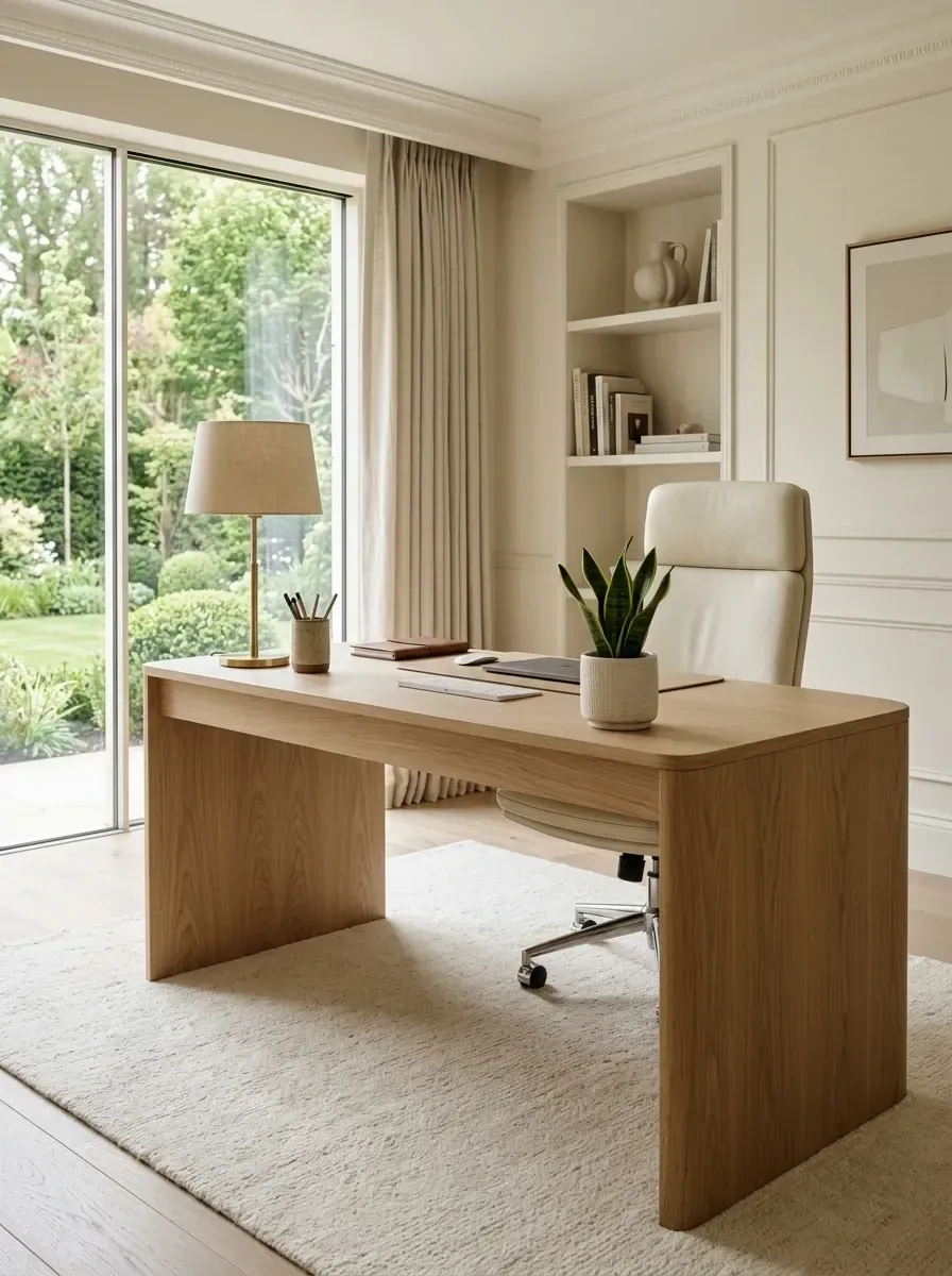 Quiet luxury minimalist home office with solid white oak waterfall-edge desk, monochromatic soft cream walls and floor-to-ceiling drapery, custom built-in alcove shelving styled with white ceramics, large oatmeal textured wool rug, and a single brushed brass table lamp