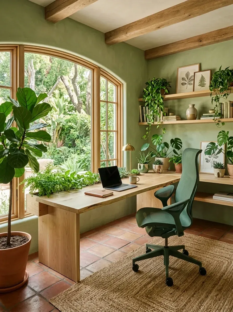 Bohemian quiet luxury home office with sage green lime-wash painted walls, custom built-in live-edge oak desk and floating shelves, terracotta tile flooring, Herman Miller Cosm forest-green high-back ergonomic mesh chair, large potted plants, and a jute runner rug