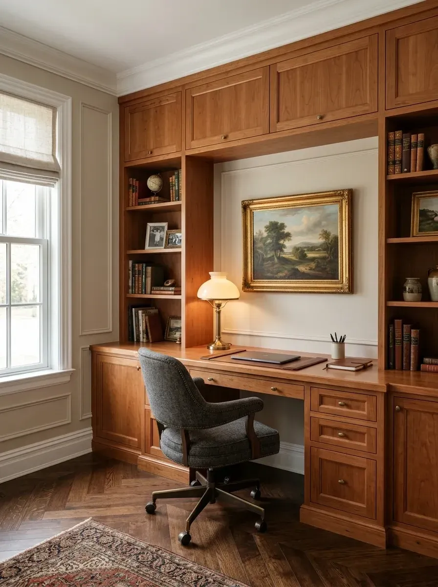 Cozy quiet luxury home office with floor-to-ceiling warm cherry wood built-in cabinetry and integrated desk nook, herringbone wood floor, upholstered grey tweed desk chair, framed classic oil painting in the central open back-painted shelving section, vintage-style brass lamp, and patterned wool area rug