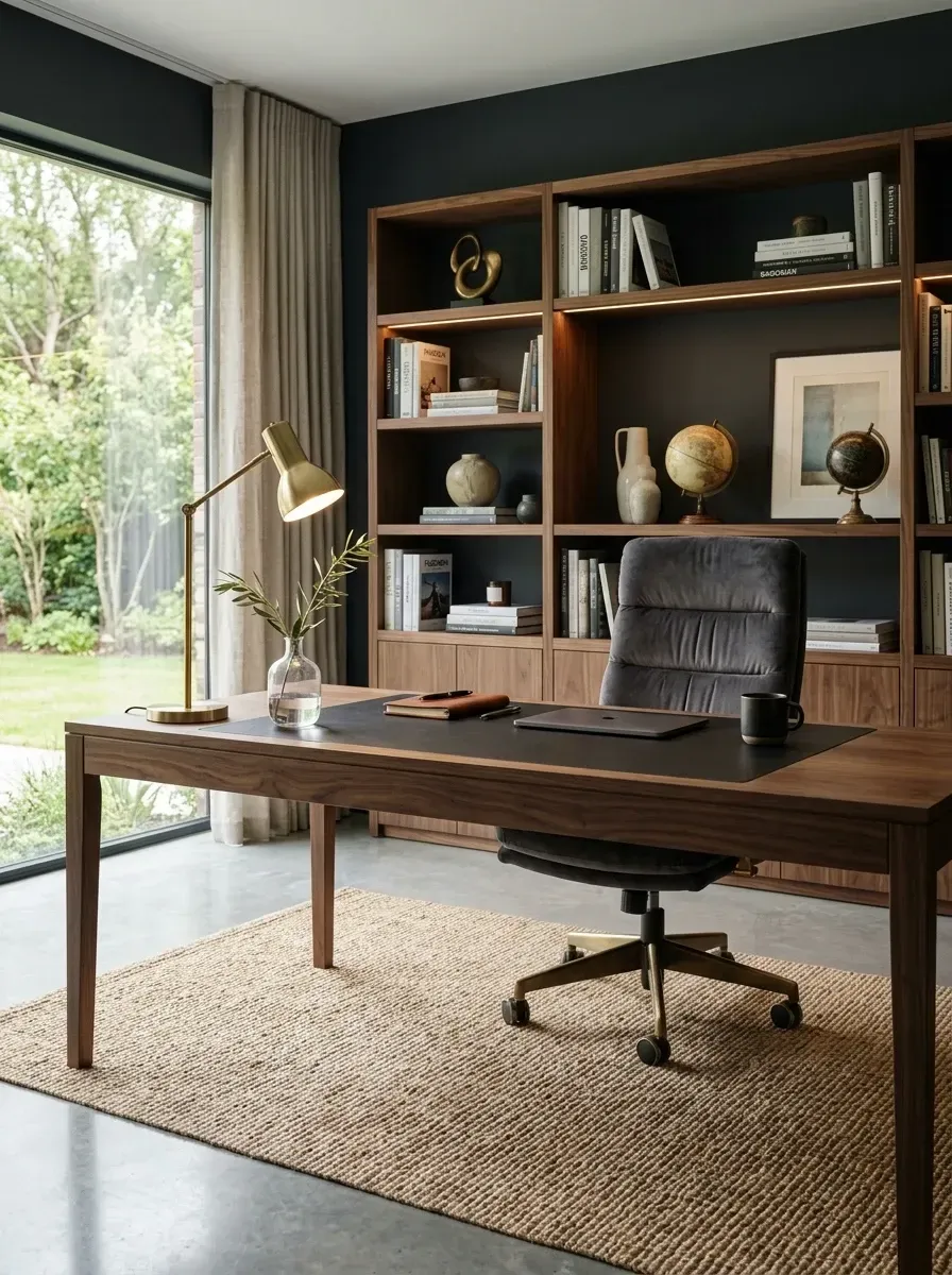 Moody quiet luxury home office with custom dark walnut floor-to-ceiling built-in shelving, integrated LED shelf lighting, charcoal blue accent wall, mid-century modern walnut desk, dark grey velvet executive chair, and aged brass task lamp