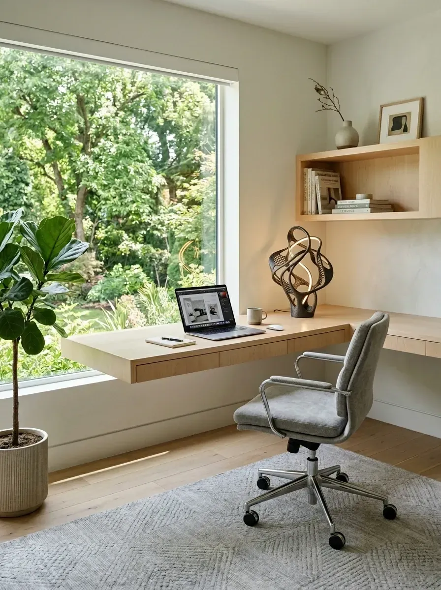 Quiet luxury home office with custom floating light maple wall-mounted desk facing a large picture window, sculptural bronze-patina LED table lamp, two minimalist floating wall shelves, large fiddle leaf fig in a ceramic planter, and a small patterned jute area rug