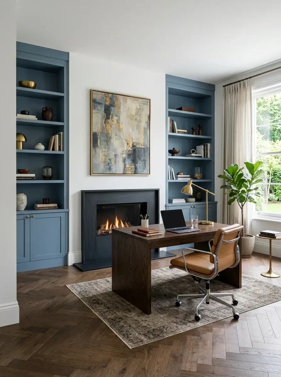 Traditional quiet luxury home office with floor-to-ceiling slate-blue painted built-in cabinetry flanking a modern gas fireplace surround, herringbone medium oak flooring, solid wood writing desk, Eames-style soft pad management chair, vintage-style wool area rug, and large abstract canvas