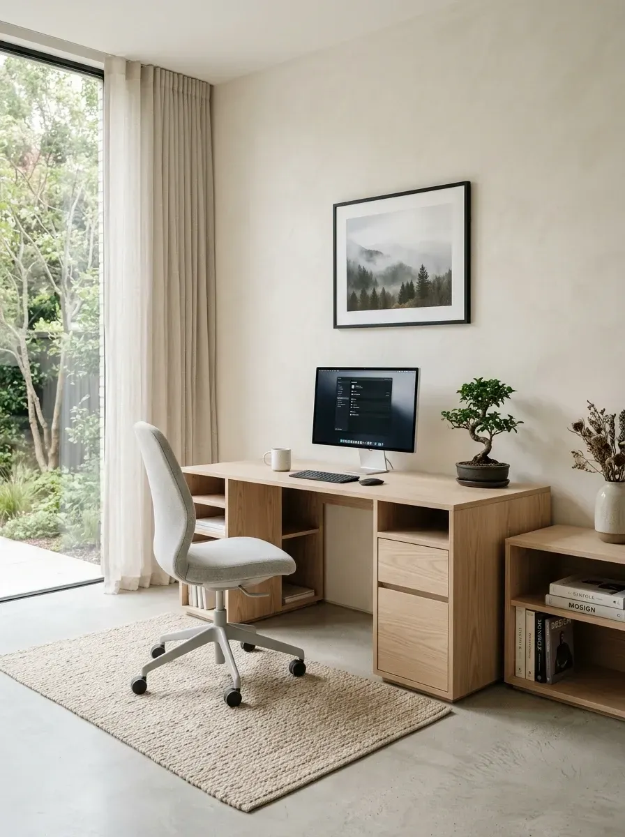 Scandinavian-inspired quiet luxury home office with pale ash wood desk featuring integrated pedestal drawers, floor-to-ceiling sheer linen curtains, single bonsai plant on a low wooden bookshelf, large minimalist framed black-and-white print, and pale beige walls
