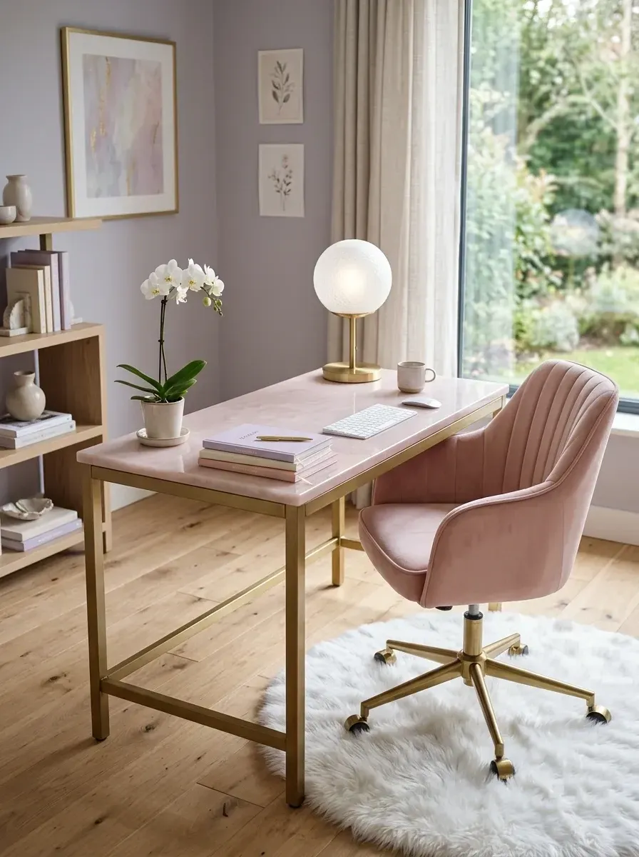 Quiet luxury home office with rose quartz natural stone desk top on a polished gold metal base, dusty pink performance-velvet channel-tufted desk chair, layered faux sheepskin rug over hardwood, polished gold and opal globe table lamp, and pale lilac-grey walls