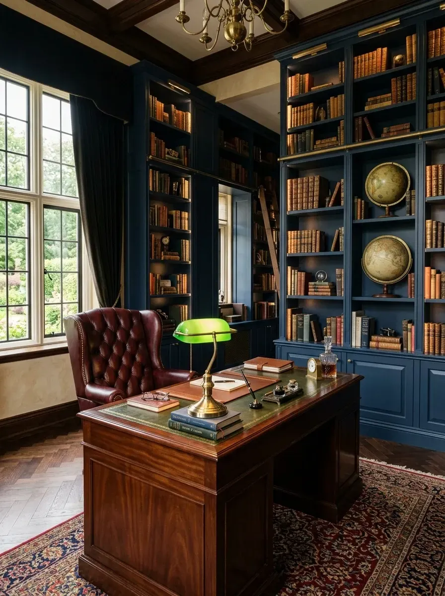 Grand traditional quiet luxury home office library with floor-to-ceiling deep navy painted custom millwork and rolling library ladder, coffered ceiling, large mahogany executive desk with leather inlay top, oxblood Chesterfield-style tufted leather executive chair, brass chandelier, Persian-style wool rug, and brass bankers lamp