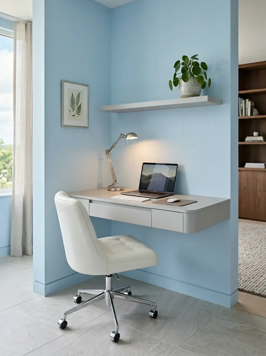 Small alcove quiet luxury home office with light sky-blue painted walls, custom floating light grey desk and shelf, white tufted desk chair, articulated black task desk lamp, and a single small framed print