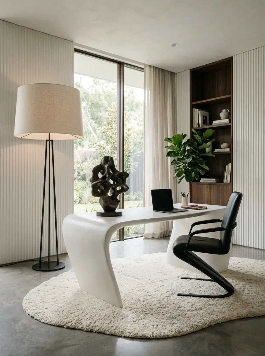Ultra-modern quiet luxury home office with sculptural matte white resin desk, black cantilever designer chair, fluted vertical wall paneling in matte white, large round cream wool shag area rug, dark bronze abstract floor sculpture, and minimalist tall floor lamp