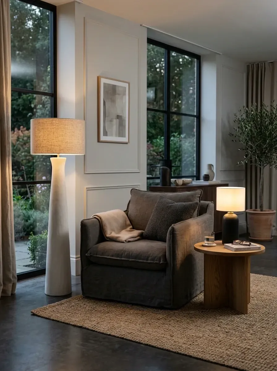 Reading corner with a tall plaster floor lamp, charcoal linen slipcovered armchair, solid oak side table, small ceramic table lamp, and partial jute rug — quiet luxury vignette in a soft greige room