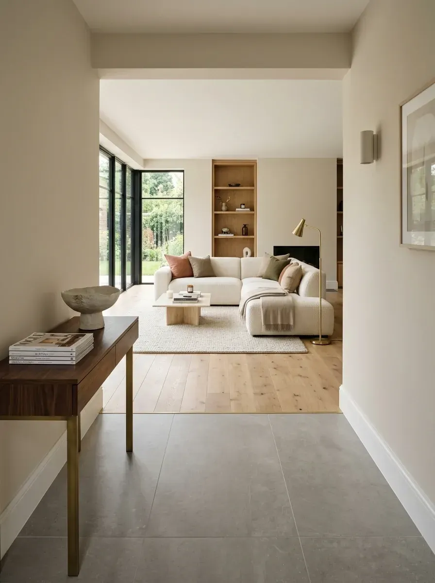 Open-plan living room with cream boucle sectional, custom oak built-in shelving, marble block coffee table, light oak floors, brass floor lamp, and a glazed garden view in a warm neutral palette