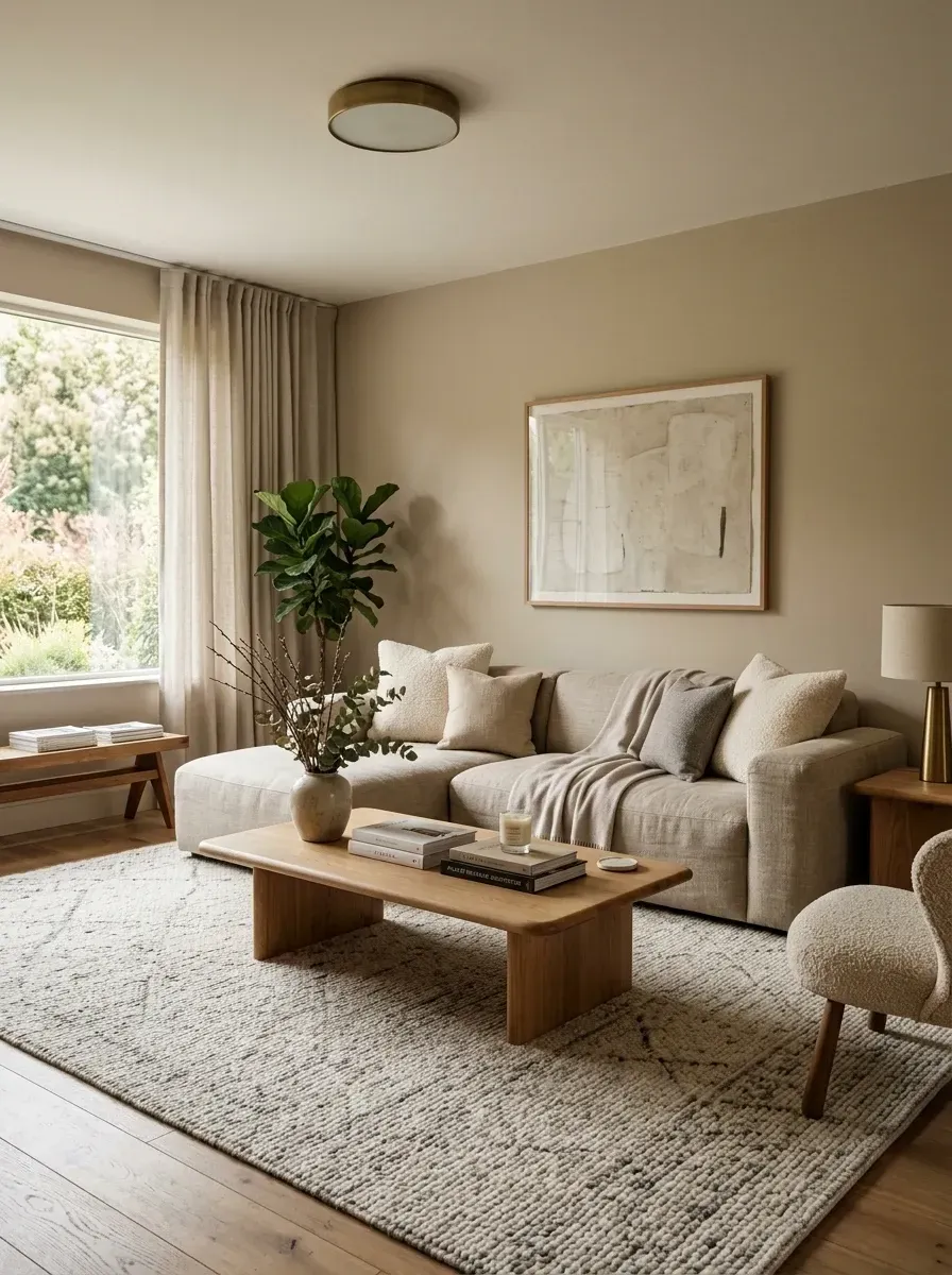 Living room with deep-pile cream rug, natural linen sectional, cream boucle accent chair, organic-shaped solid wood slab coffee table, large abstract canvas, and a calm greige wall in soft daylight